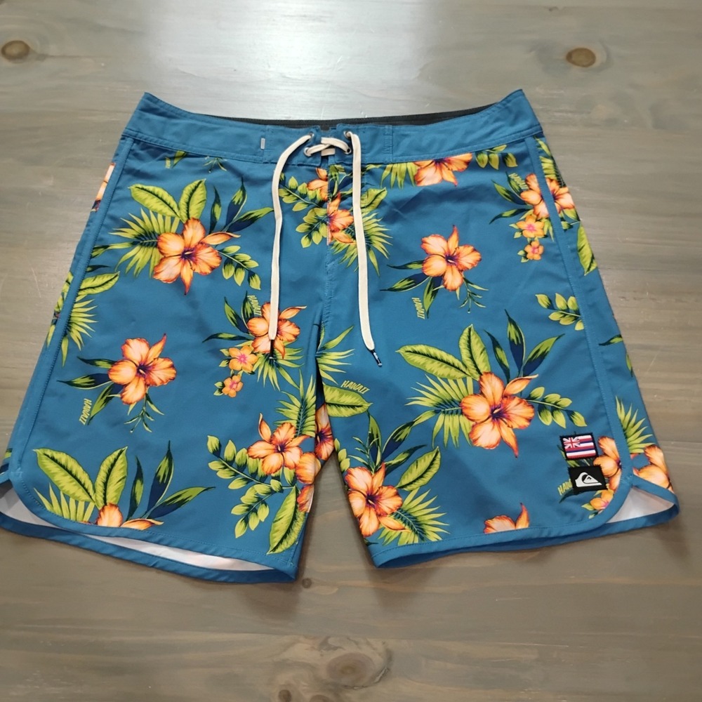 Quiksilver Hawaii Surfsilk Board Shorts Men's 34 Blue Hibiscus Tie Front Pocket